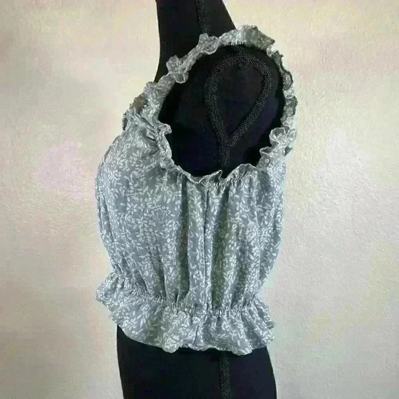Storia green white floral smocked shirred ruffle cropped top women size medium - Picture 5 of 8